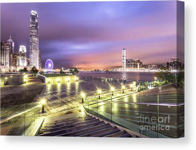 China Canvas Print featuring the photograph Stunning night view of the famous Hong Kong island skyline and V by Didier Marti