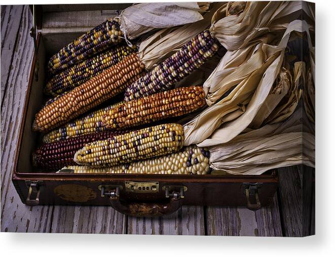 Suitcase Canvas Print featuring the photograph Suitcase Full Of Indian Corn by Garry Gay