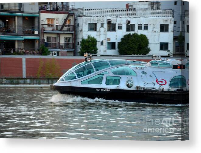 Boat Canvas Print featuring the photograph Sumida River cruise boat in motion Tokyo Japan by Imran Ahmed