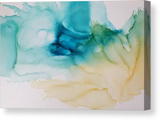 Landscape Turquoise Aqua Cream Green Blue White Decor Summer Sunshine Ocean Beach Abstract Alcohol Ink Yupo Canvas Print featuring the painting Summer Day by Kelly Dallas