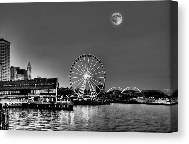 Black & White Canvas Print featuring the photograph Summer Eve on the Seattle Waterfront by Greg Sigrist