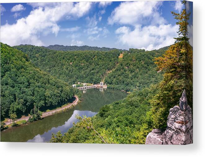 Hawks Nest State Park; West Virginia State Park; New River National River; New River Gorge; Wv; Summer; Blue Skies; Reflections; Hawks Nest Dam; Green Mountains; Hn158 Canvas Print featuring the photograph Summer view at Lovers Leap by Mary Almond