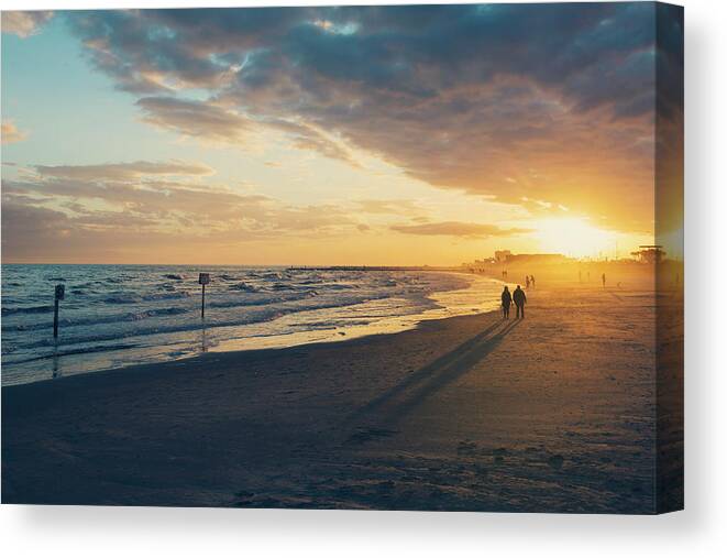 Sunset Canvas Print featuring the photograph Sun Setting on Galveston Beach by Ray Devlin