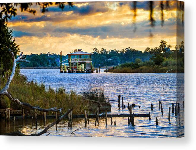 Bon Secour Canvas Print featuring the photograph Sunrise and Boathouse on the Bon Secour River by Michael Thomas