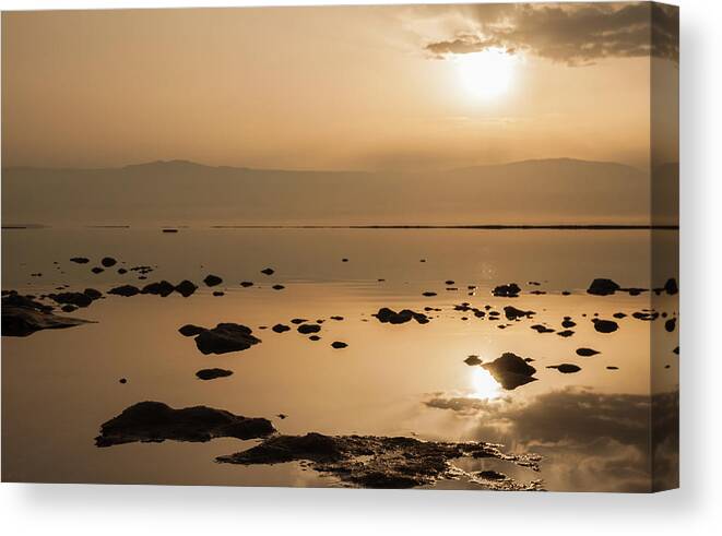 Sun Canvas Print featuring the photograph Sunrise on the Dead Sea by Sergey Simanovsky
