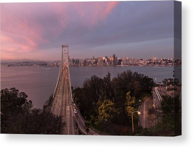 San Fransico Canvas Print featuring the photograph Sunrise over the Bay Bbridge by John McGraw