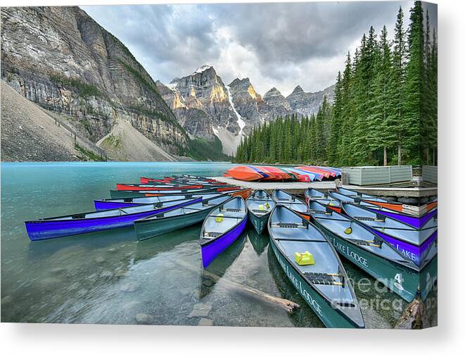 Moraine Lake Canvas Print featuring the photograph Sunset at Moraine lake by Paul Quinn