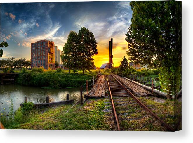 Sunset Canvas Print featuring the photograph Sunset at The Imperial Sugar Factory Smoke Stacks Early Stage Landscape by Micah Goff