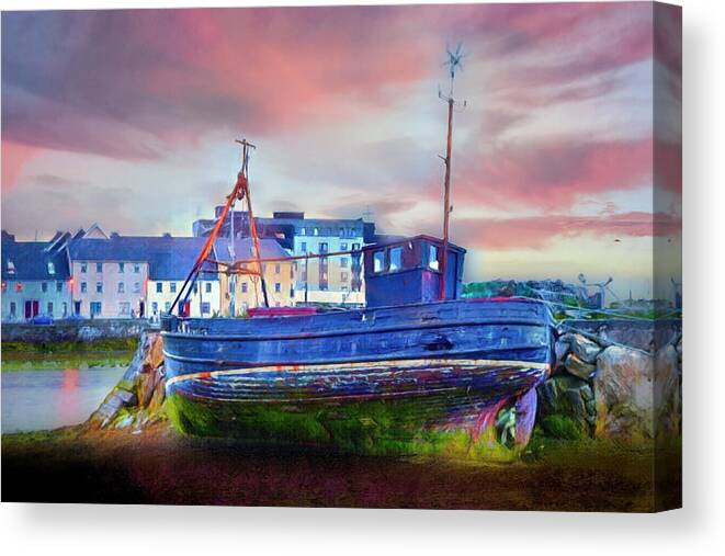 Boats Canvas Print featuring the photograph Sunset at the Port in Galway Painting by Debra and Dave Vanderlaan