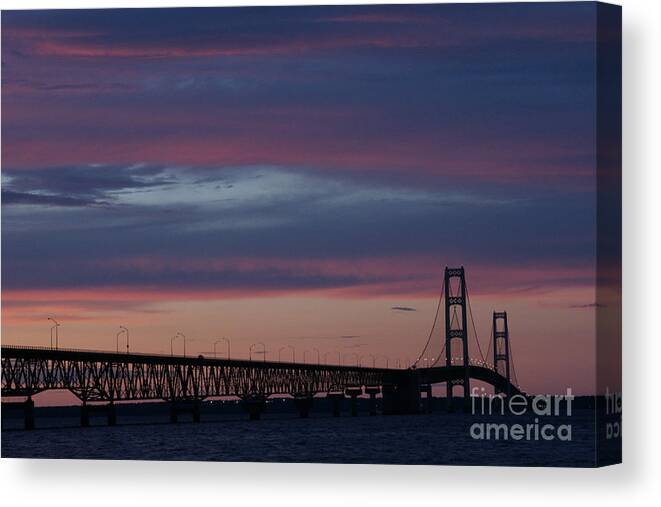 Mackinaw City Canvas Print featuring the photograph Sunset Bridge by Linda Shafer
