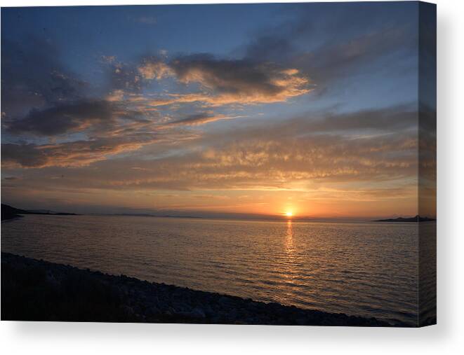 Sundown Sunset Orange Blue Clouds Water Reflection Painted Sky Outdoor Nature Utah Wildlife Canvas Print featuring the photograph Sunset from Antelope Island by Dirk Johnson