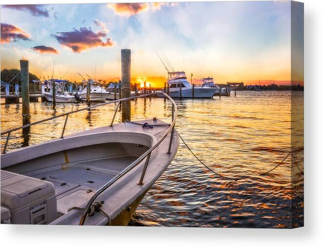Boats Canvas Print featuring the photograph Sunset Harbor by Debra and Dave Vanderlaan