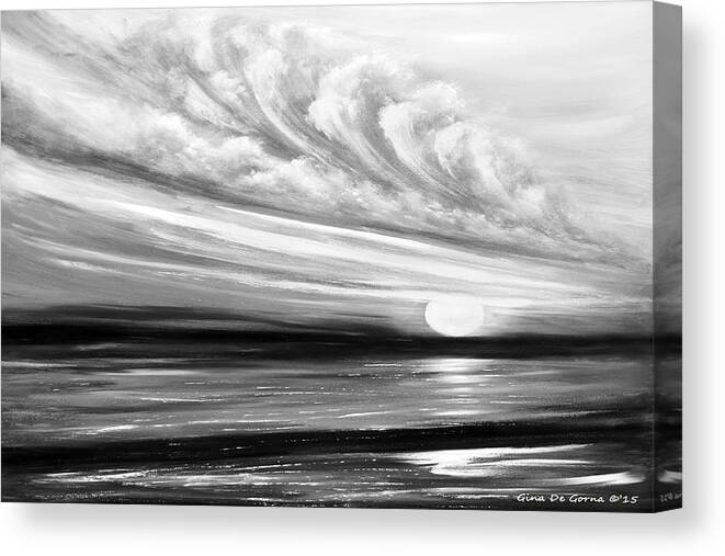 Nice Canvas Print featuring the painting Sunset in Gray Black and White - Seasccape by Gina De Gorna