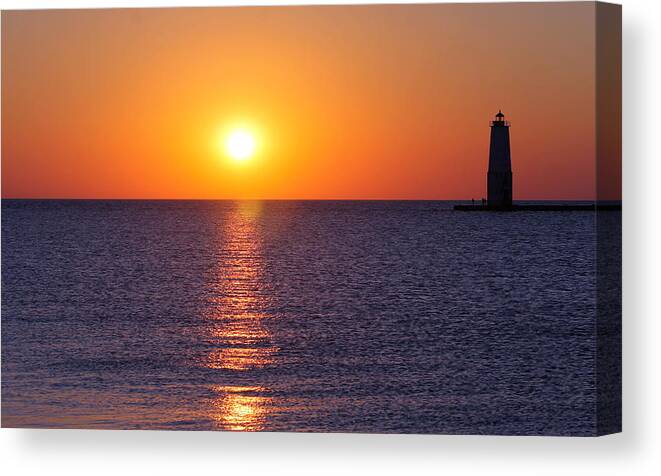 Lighthouse Canvas Print featuring the photograph Sunset on Lake Michigan by Bruce Patrick Smith
