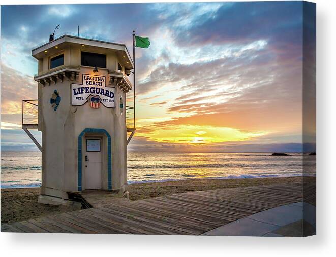Laguna Beach Canvas Print featuring the photograph Sunset over Laguna Beach Lifeguard Station by Cliff Wassmann