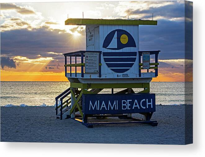 Miami Canvas Print featuring the photograph Sunset over Miami Beach Miami Lifeguard House Florida by Toby McGuire