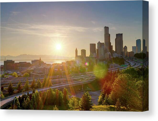 Seattle Canvas Print featuring the photograph Sunset over Seattle Downtown Skyline by David Gn