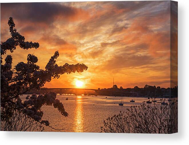 Salem Canvas Print featuring the photograph Sunset over the Salem Beverly Bridge From the Salem Willows Salem MA by Toby McGuire