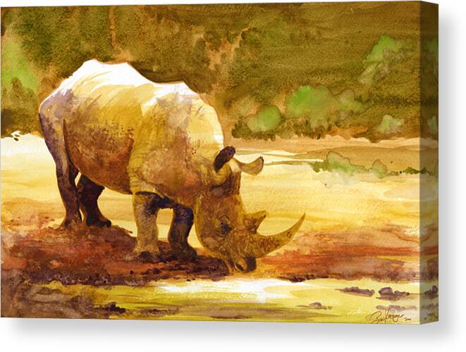 Watercolor Canvas Print featuring the painting Sunset Rhino by Brian Kesinger