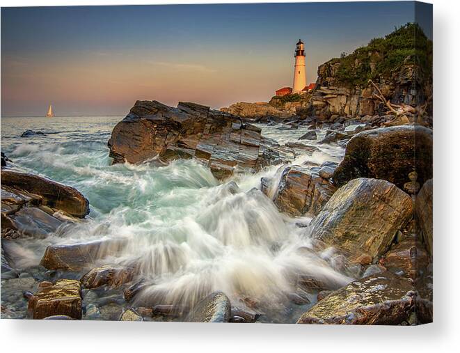 Portland Head Lighthouse Canvas Print featuring the photograph Sunset Sail at Portland Head Light by Kristen Wilkinson