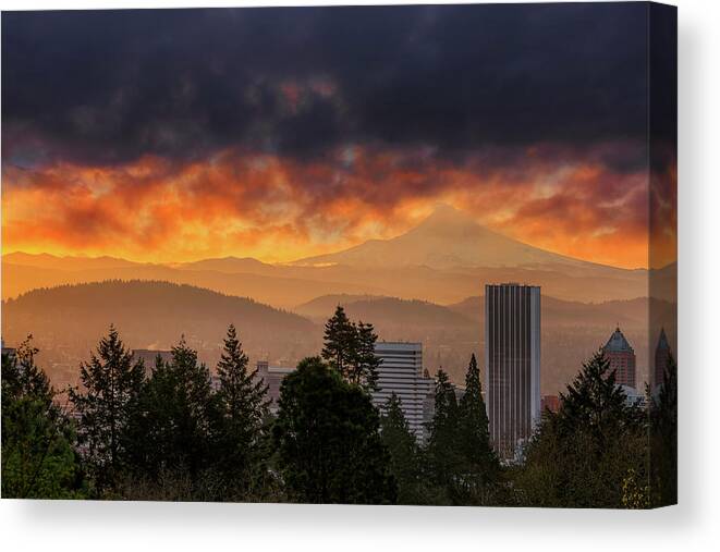Portland Canvas Print featuring the photograph Sunsrise over City of Portland and Mount Hood by David Gn
