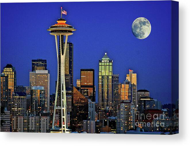 Seattle Skyline Canvas Print featuring the photograph Super Moon Over Seattle by Sal Ahmed