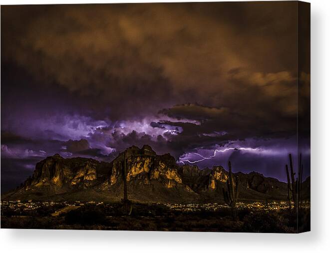Landscape Canvas Print featuring the photograph Superstition Lightning by Chuck Brown