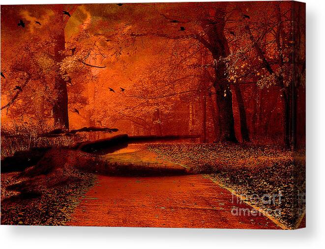 Trees Nature Photos Canvas Print featuring the photograph Surreal Fantasy Autumn Fall Orange Woods Nature Forest by Kathy Fornal