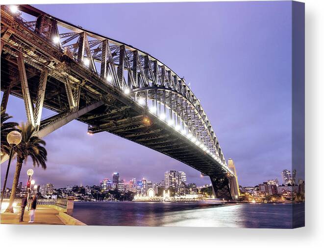 Sydney Canvas Print featuring the photograph Sydney Harbour Bridge at night by Giovanni Gagliardi