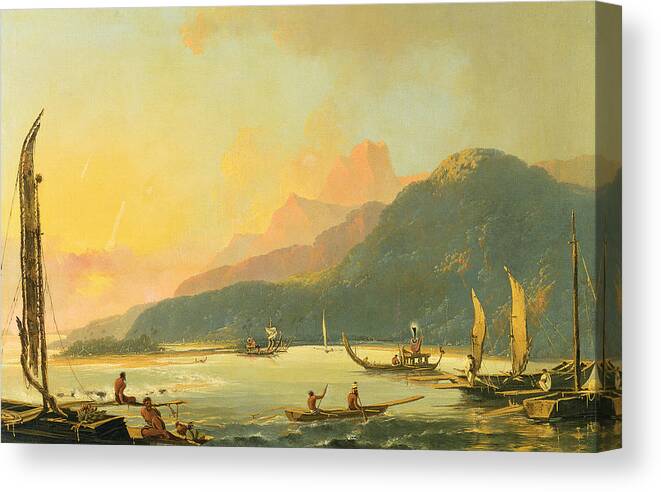 Tahitian Canvas Print featuring the painting Tahitian War Galleys in Matavai Bay - Tahiti by William Hodges