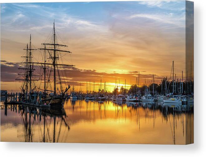 Woodley Island Marina Canvas Print featuring the photograph Tall Ships Sunset 1 by Greg Nyquist