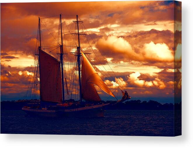 Georgia Mizuleva Canvas Print featuring the digital art Tallship - Moody Blues and Powerful Oranges by Georgia Mizuleva