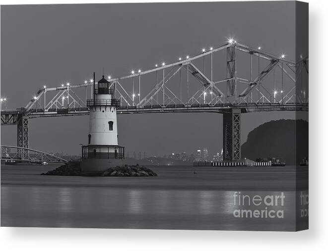 Clarence Holmes Canvas Print featuring the photograph Tarrytown Lighthouse and Tappan Zee Bridge at Twilight II by Clarence Holmes