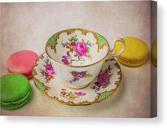 French Macaroons Canvas Print featuring the photograph Tea Cup And Macaroons by Garry Gay
