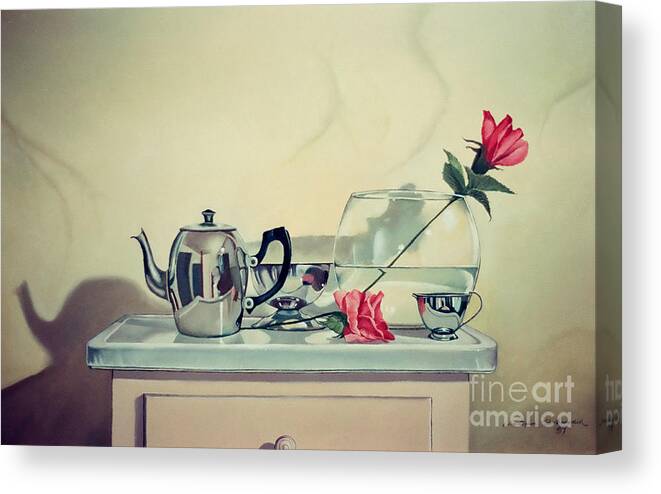 Rose Canvas Print featuring the painting Teapot and roses on stand by Christopher Shellhammer