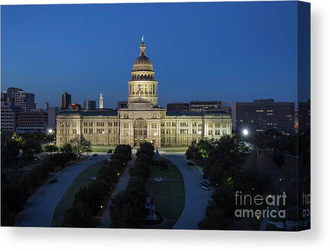 Capital Canvas Print featuring the photograph Texas State Capitol building floodlit at night, government seat of Texas by Dan Herron