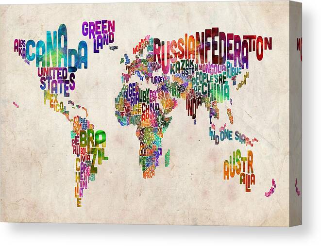 Map Of The World Canvas Print featuring the digital art Text Map of the World by Michael Tompsett