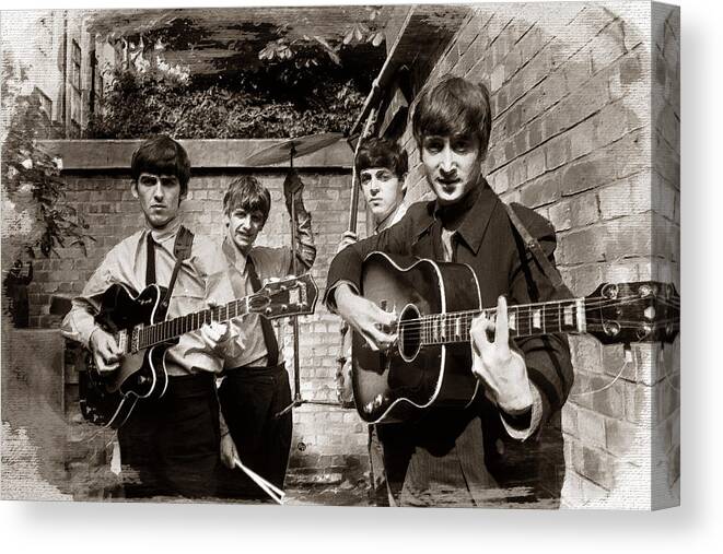 The Beatles Canvas Print featuring the painting The Beatles In London 1963 Sepia Painting by Tony Rubino