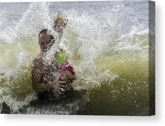 Ocean Beach Wave Surf Family Father Daughter Canvas Print featuring the photograph The Boom by WAZgriffin Digital