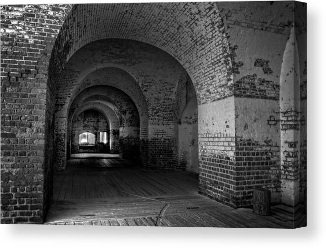 Bricks Canvas Print featuring the photograph The Bricks of Fort Pulaski in Black and White by Greg and Chrystal Mimbs