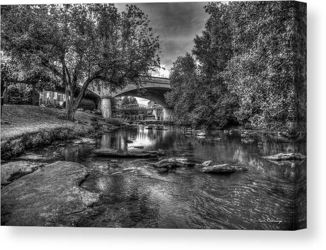 Reid Callaway The Center Of Town Images Canvas Print featuring the photograph Greenville SC The Center Of Town B W Reedy River Falls Park Landscape Art by Reid Callaway