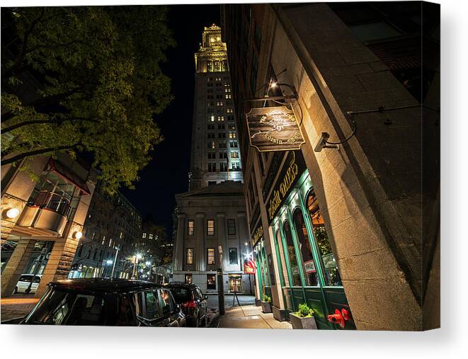 The Canvas Print featuring the photograph The Custom House over the Black Rose Boston MA by Toby McGuire