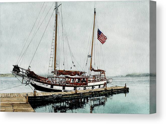 Ship Canvas Print featuring the painting The Cutty Sark in Penn Cove Fog by Perry Woodfin