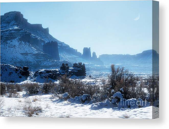 Fisher Towers Canvas Print featuring the photograph The Fisher Towers in Winter by Priscilla Burgers