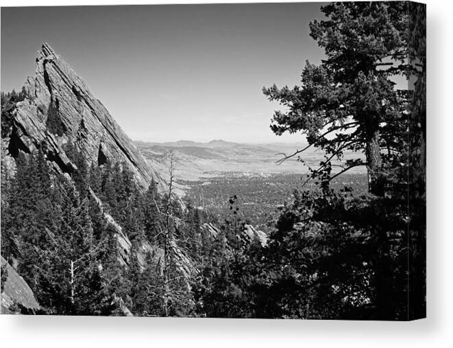 Boulder Canvas Print featuring the photograph The Flatirons Boulder Colorado from the Royal Arch Black and White by Toby McGuire