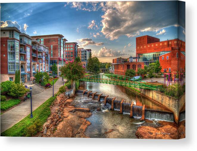 Reid Callaway The Main Attraction Canvas Print featuring the photograph Greenville SC The Main Attraction Reedy River Falls Park Architectural Cityscape Art by Reid Callaway