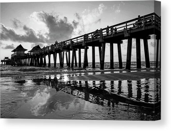 Naples Canvas Print featuring the photograph Naples pier at sunset Naples Florida Ripples Black and White by Toby McGuire
