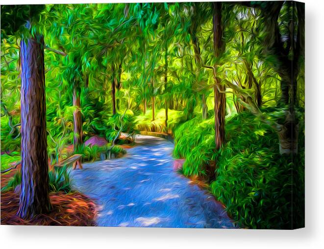 The Path # Colorful Scene # Tranquil Scene # Impressionist Art # Impressionistic # Colorful Scene # Landscaped # Tree Canopy # Canvas Print featuring the digital art The Path by Louis Ferreira