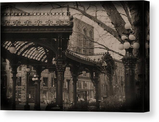 Seattle Washington Canvas Print featuring the photograph The Pergola at Pioneer Square by Nadalyn Larsen