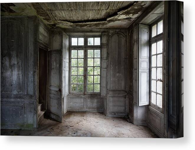Ghost Town Canvas Print featuring the photograph The secret stairs to heaven - abandoned building by Dirk Ercken